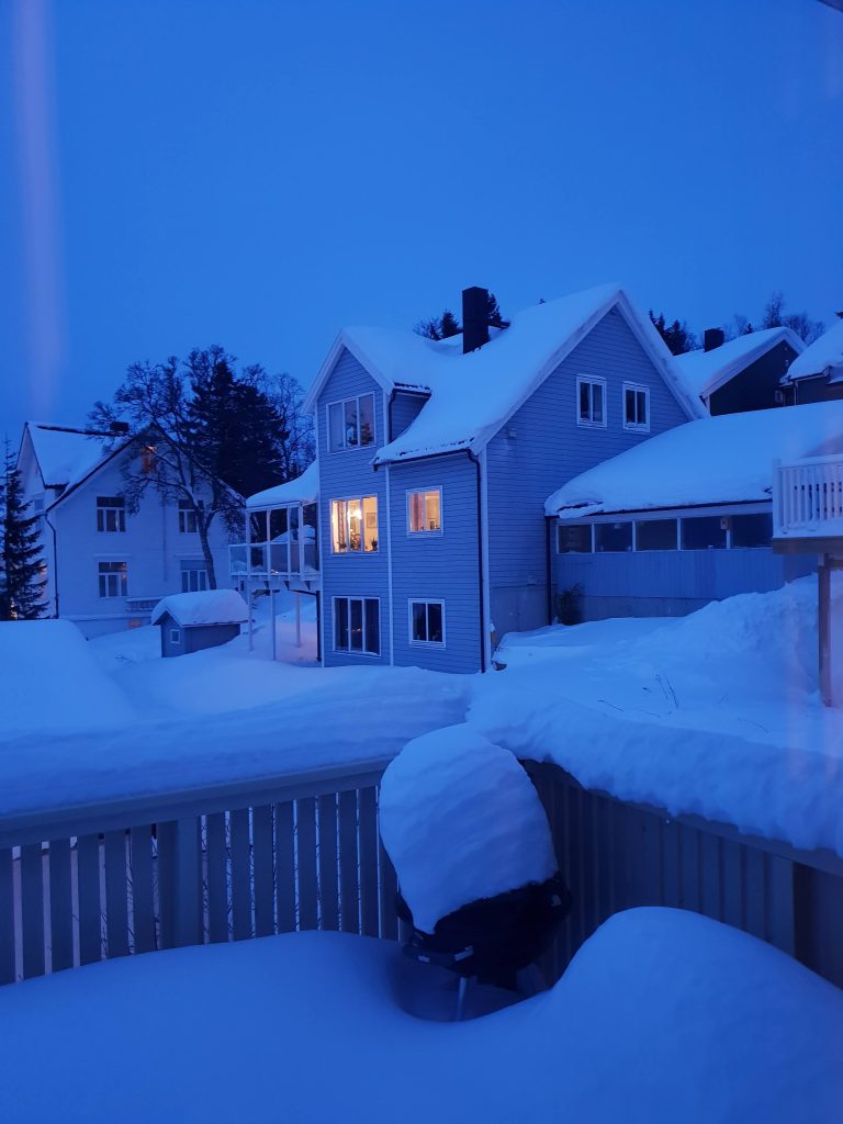 Casette coperte di neve e luce blu