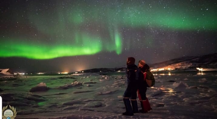 Due persone di spalle e aurora boreale verde in cielo