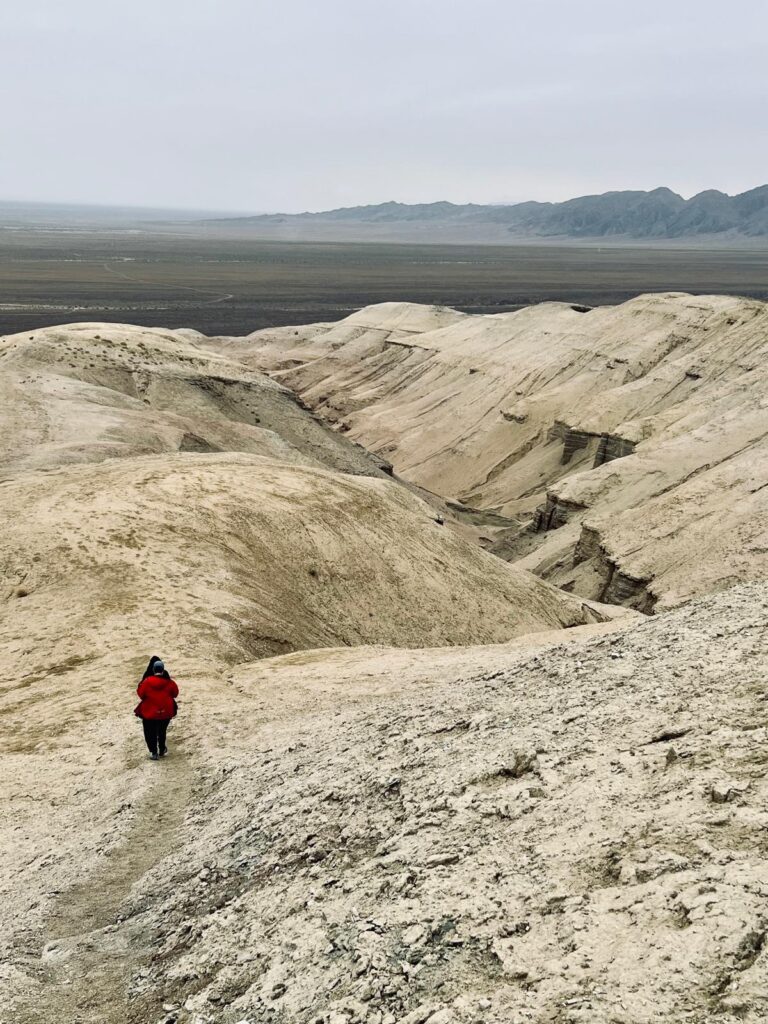 Persona vestita di rosso che cammina su una montagna bianca